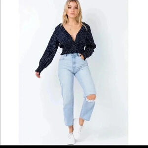 Princess Polly Lost in Limbo Navy/White Polka Dot Cropped Ruffle Top(6)